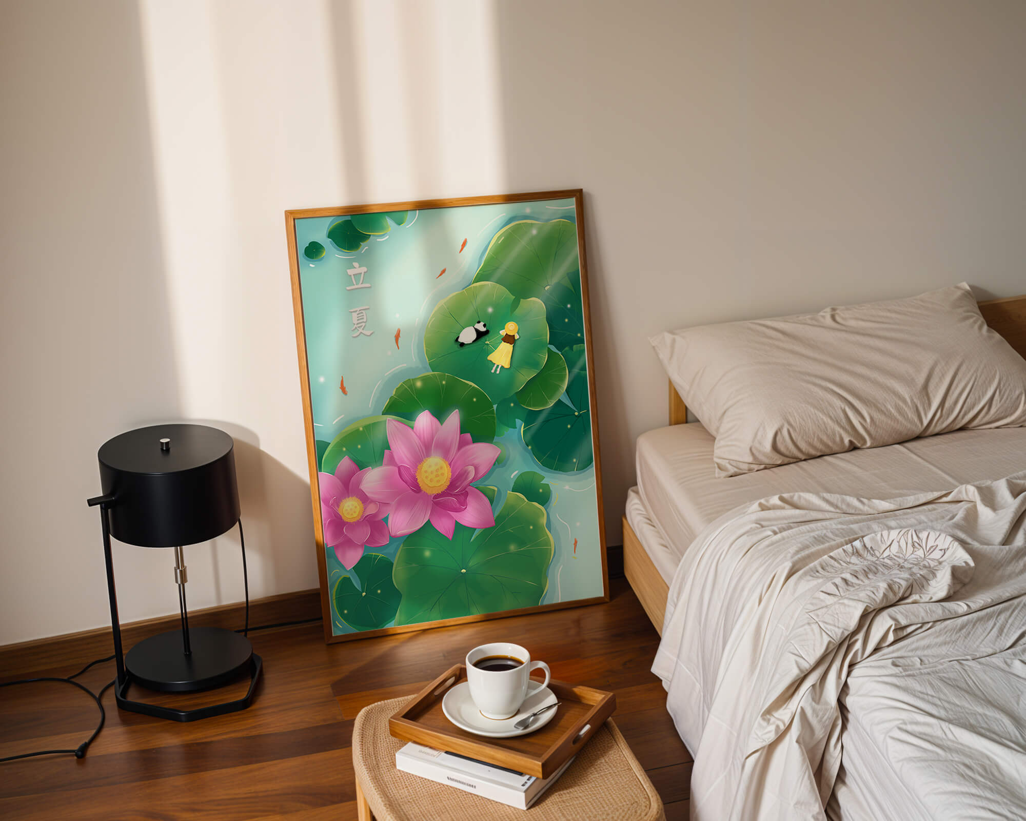 Girl and Panda Relaxing on Lily Pads with Pink Lotus and Goldfish
