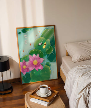 Girl and Panda Relaxing on Lily Pads with Pink Lotus and Goldfish