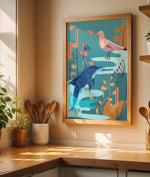 Geometric Dolphin and Seagull with Floral Elements in Abstract Nature