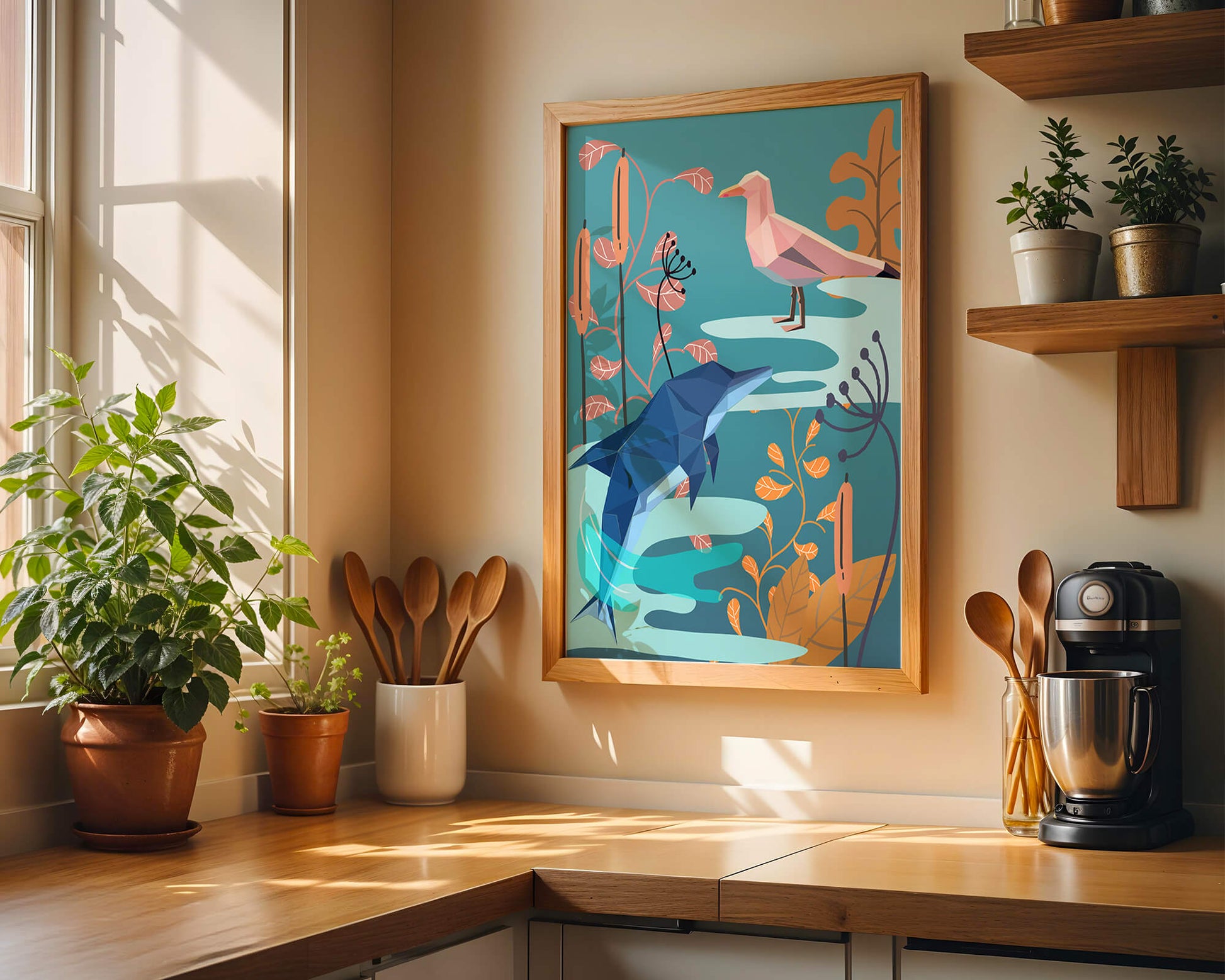 Geometric Dolphin and Seagull with Floral Elements in Abstract Nature