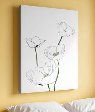 Zarte florale Linienzeichnung mit weißen Mohnblumen auf sauberem Hintergrund