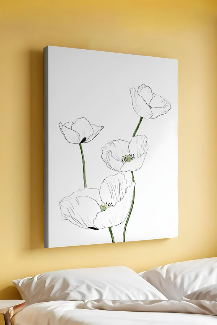 Zarte florale Linienzeichnung mit weißen Mohnblumen auf sauberem Hintergrund