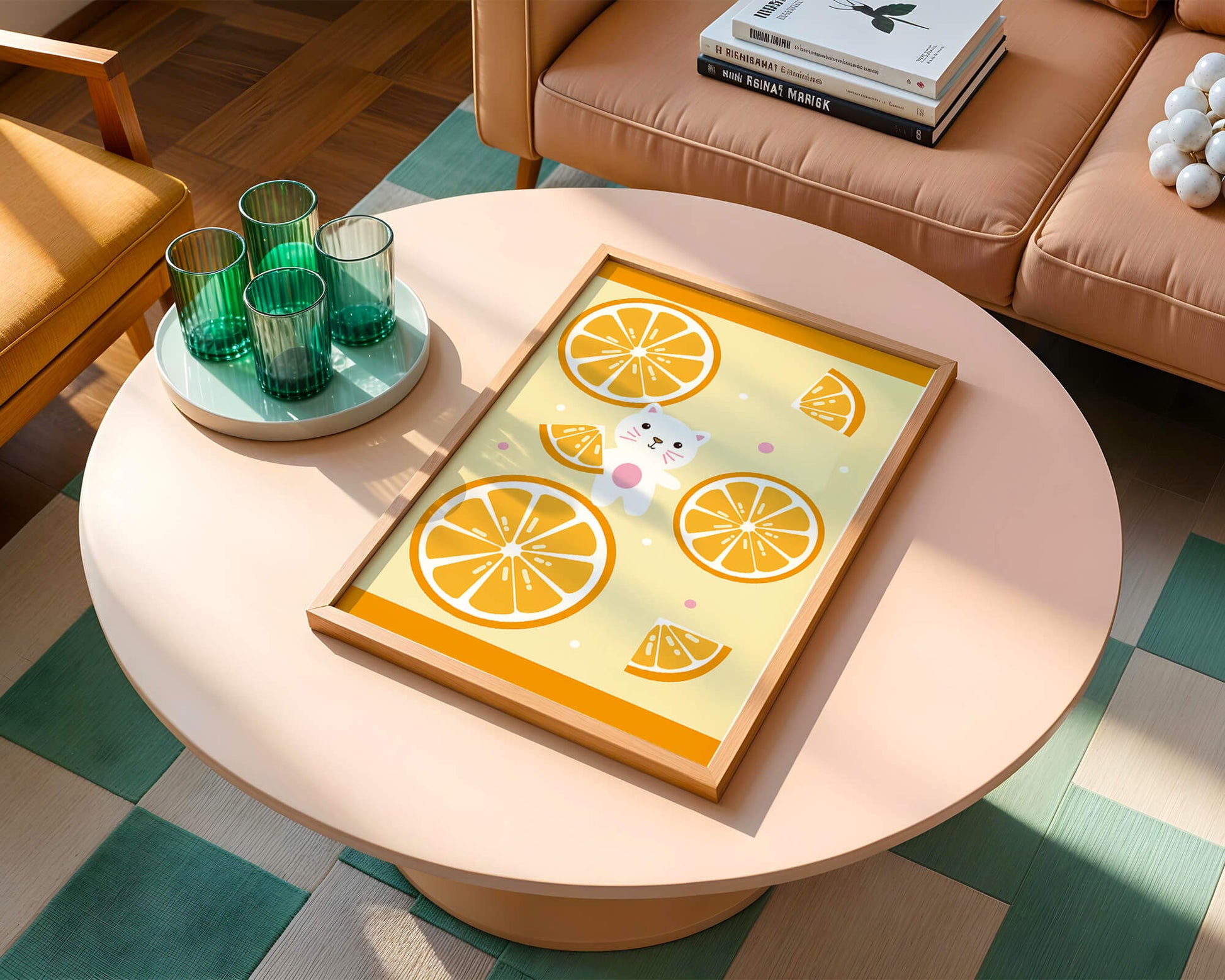 Illustration of a playful cat with orange slices on a colorful background