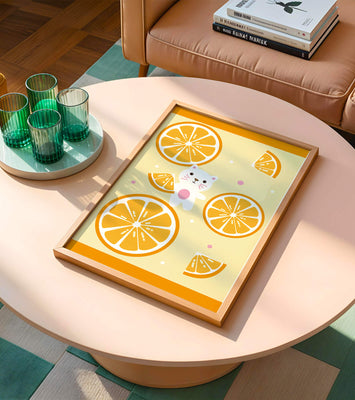 Illustration of a playful cat with orange slices on a colorful background