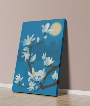White magnolia branch under moonlight with blue background