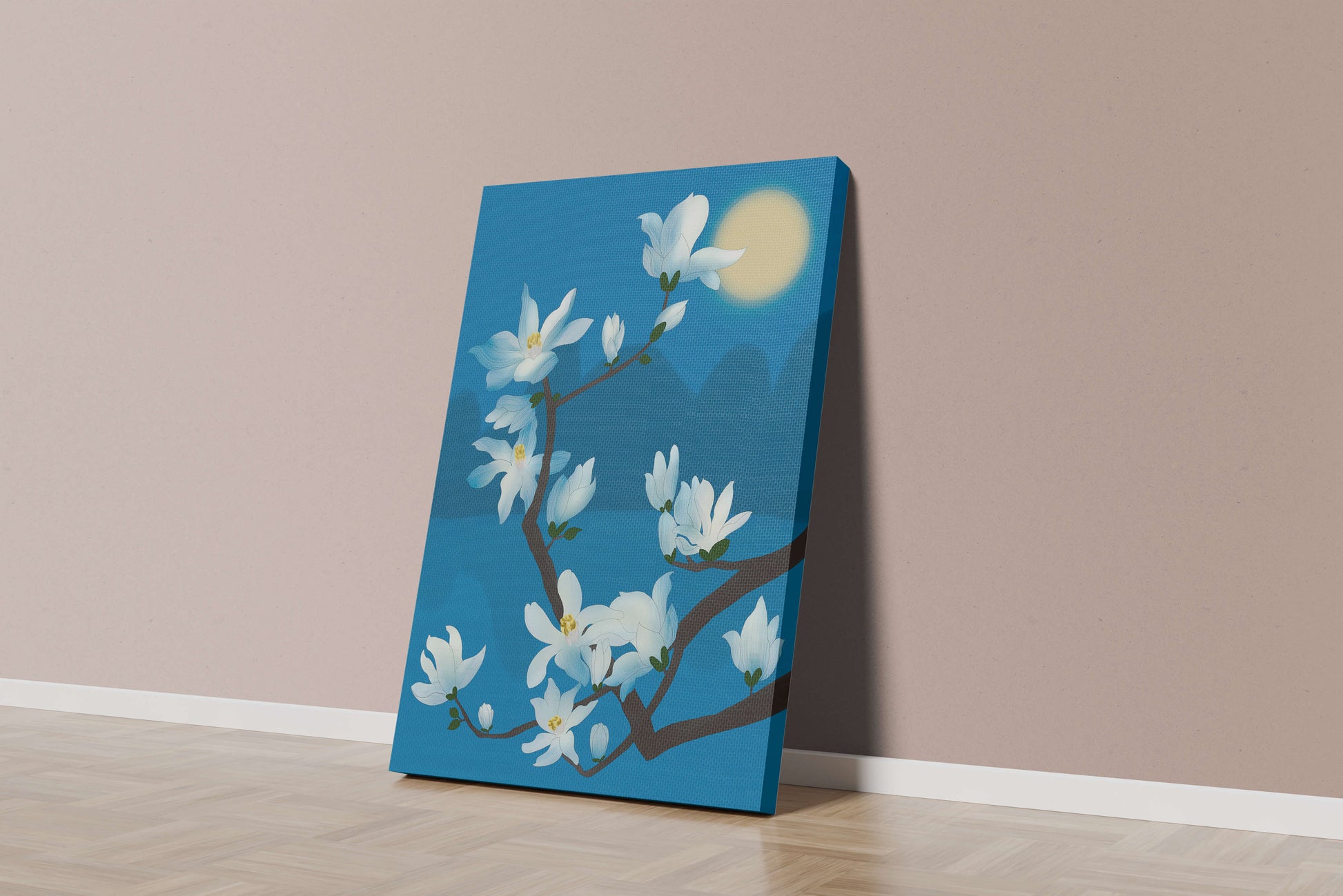 White magnolia branch under moonlight with blue background