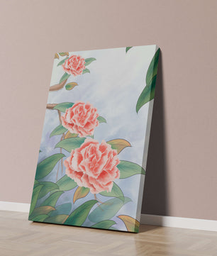 Illustrated pink carnations with green leaves in serene botanical art