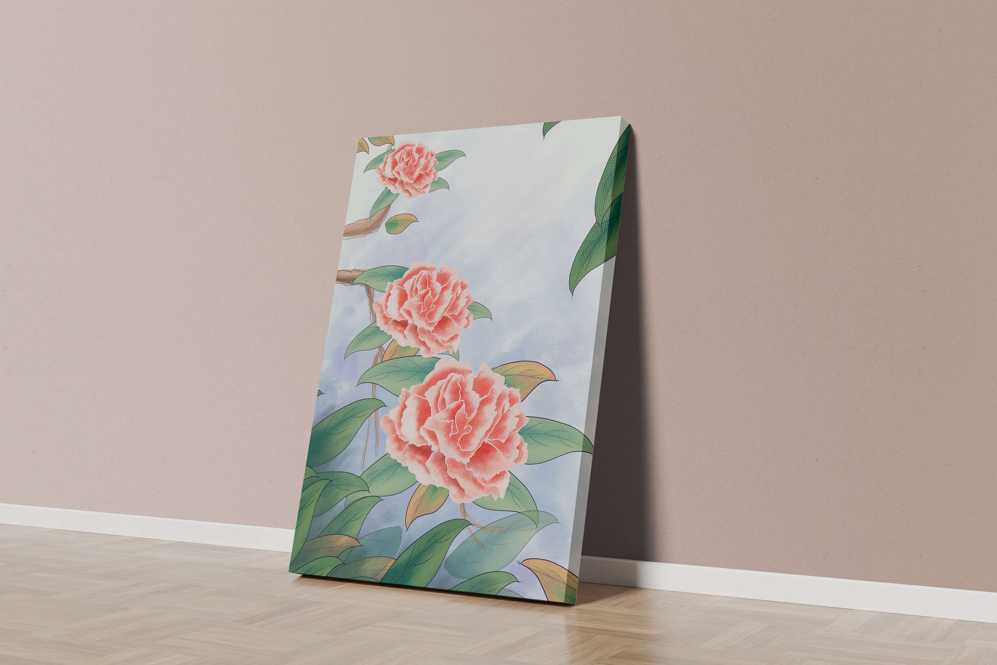 Illustrated pink carnations with green leaves in serene botanical art
