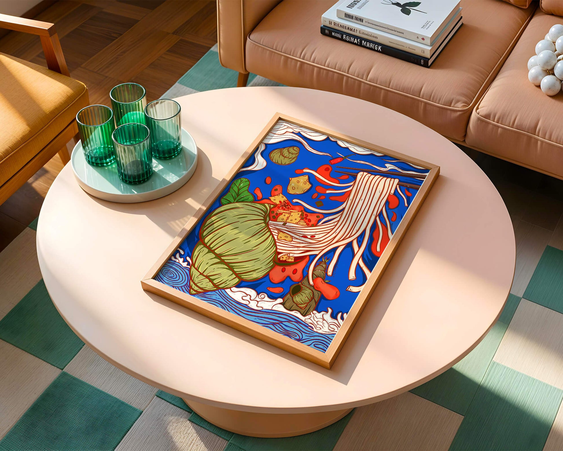 Ilustración intrincada de fideos con colores vibrantes y elementos detallados