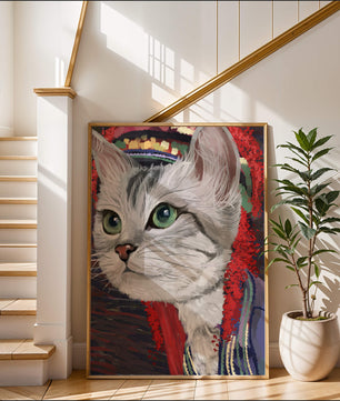 Illustrated cat portrait with colorful accents