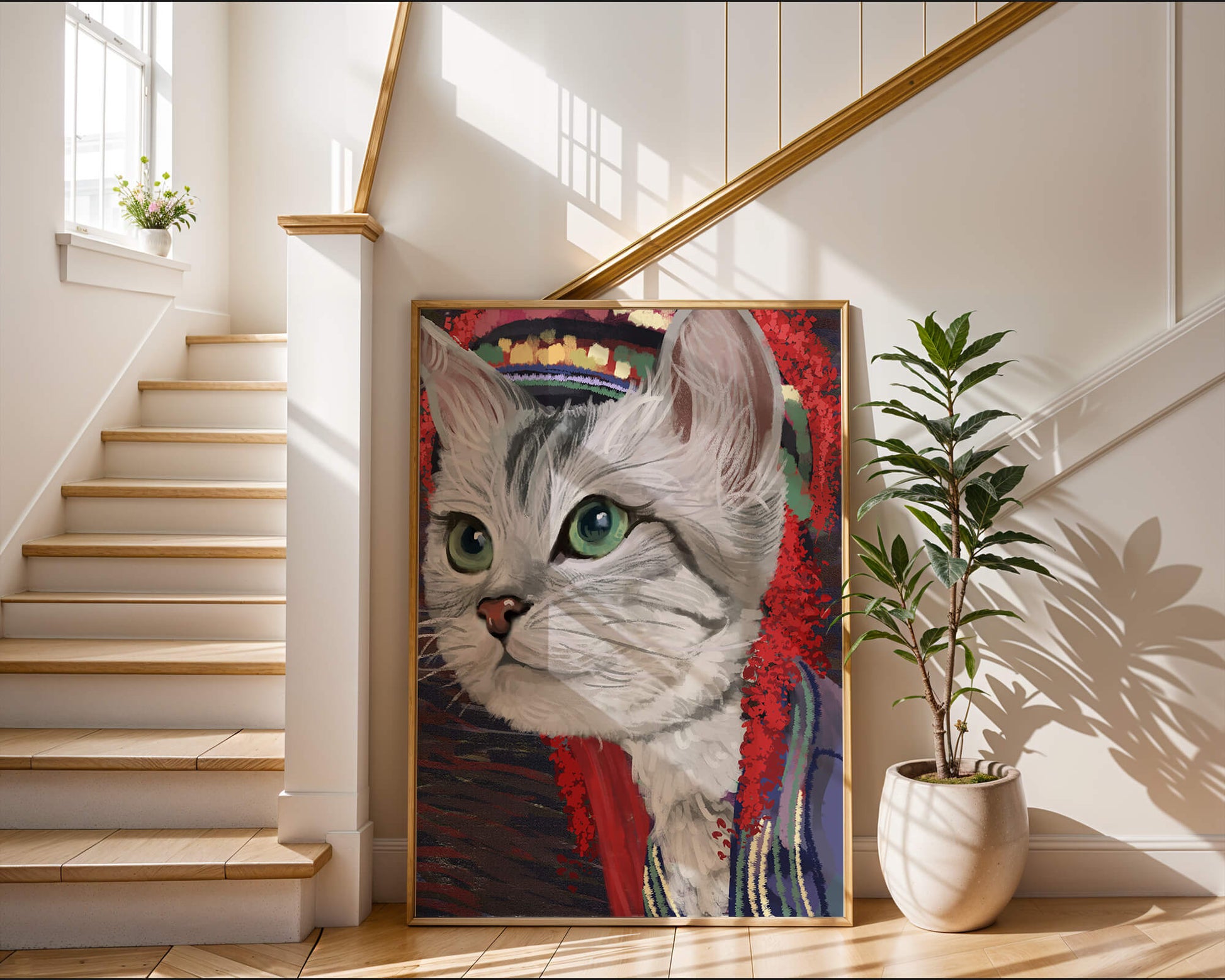 Illustrated cat portrait with colorful accents