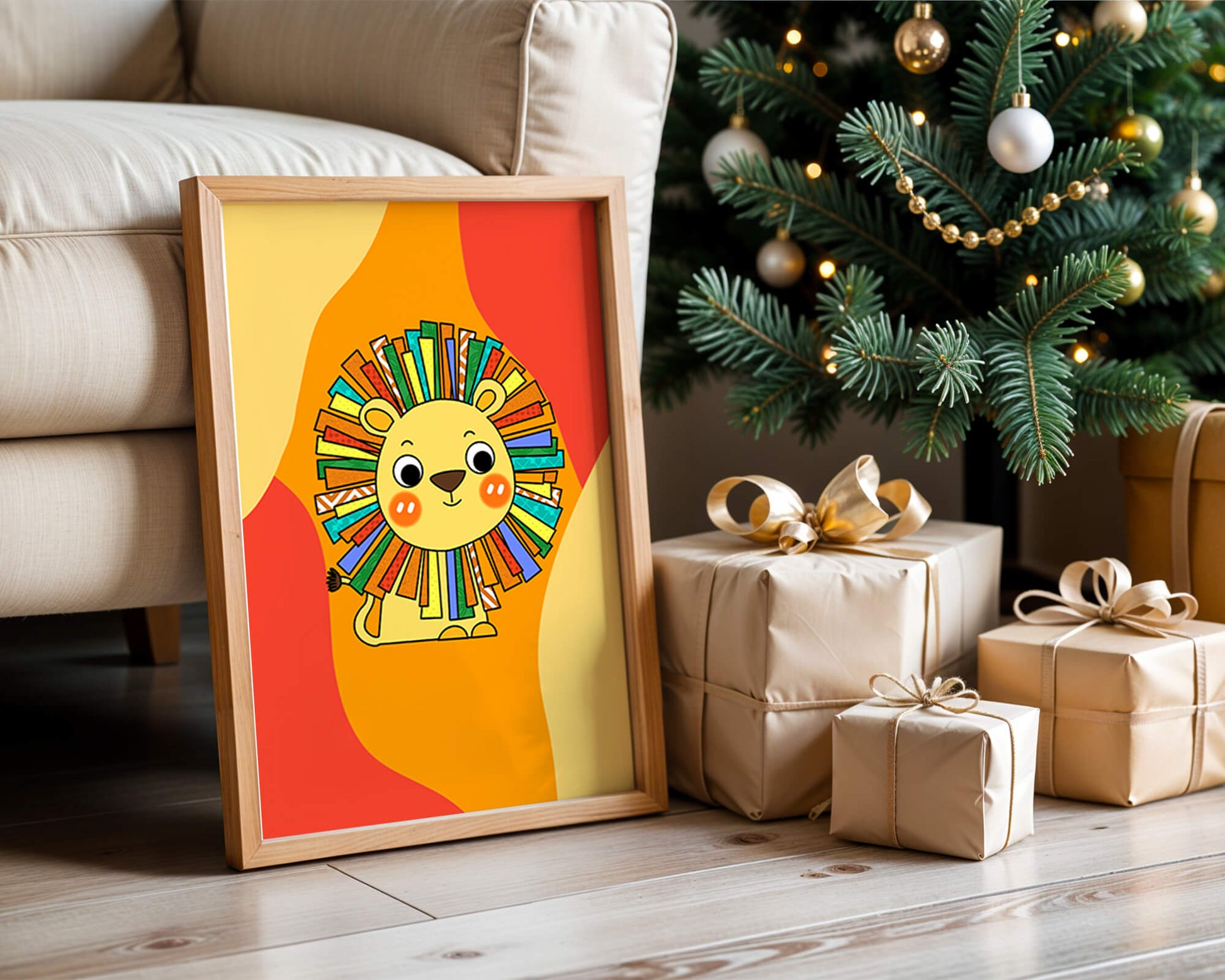 Colorful cartoon lion illustration with vibrant mane on abstract background