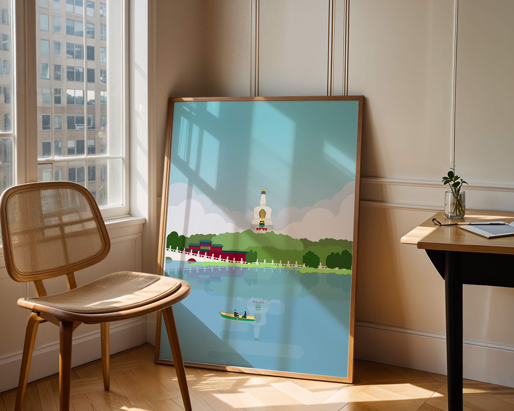 Serene lake scene with pagoda and rowing boat