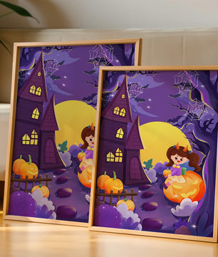 Charming Halloween scene with a girl on a pumpkin near a haunted house