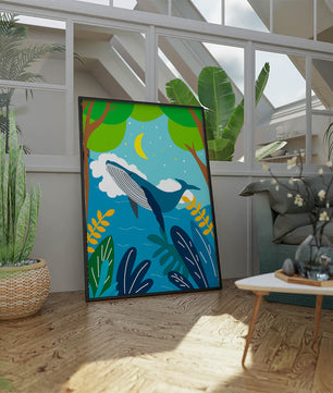 Illustration eines Wals in einer farbenfrohen Waldszene mit Mond und Pflanzen