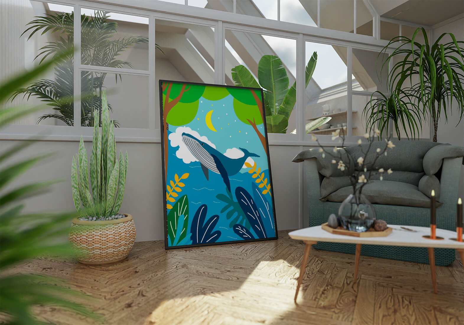 Illustration of a whale in a colorful forest scene with moon and plants
