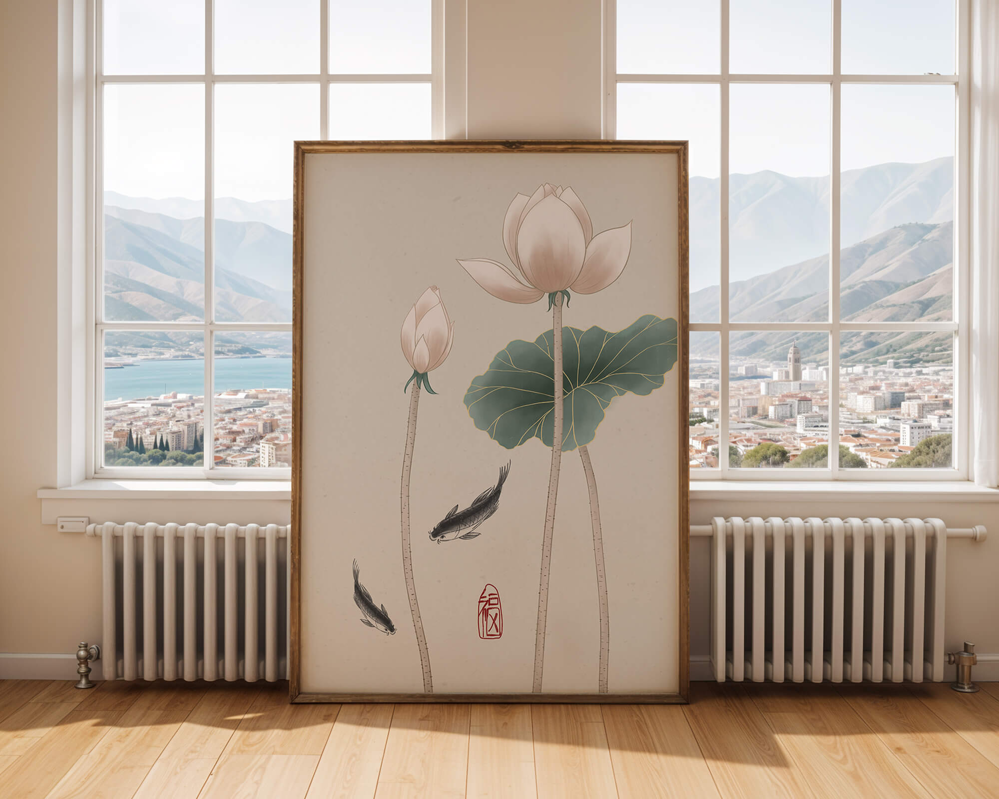 Lotus flowers and koi fish in minimalist Asian art illustration