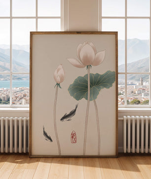 Fleurs de lotus et carpes koï dans une illustration d’art asiatique minimaliste