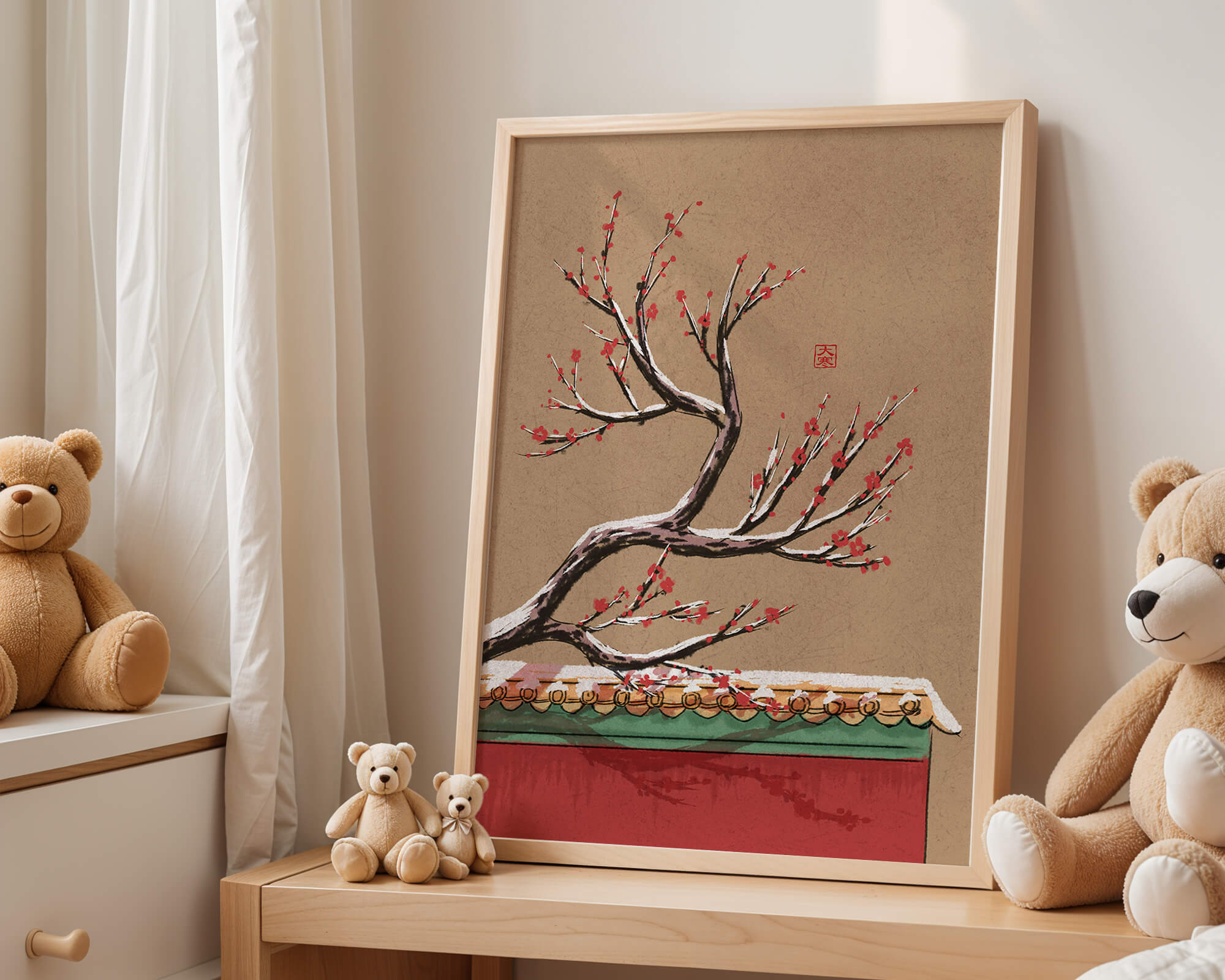 Illustration of blooming plum branch over traditional rooftop