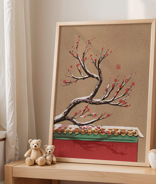 Illustration of blooming plum branch over traditional rooftop