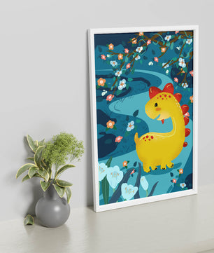 Golden Dinosaur in Enchanted Floral Forest