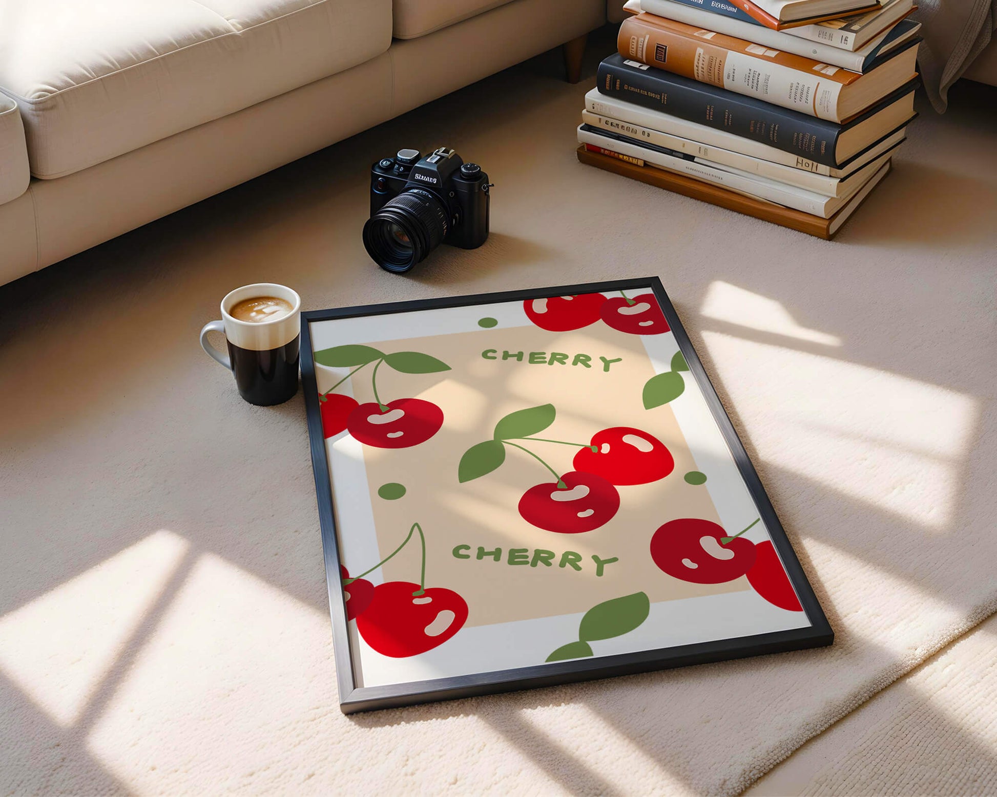 Cherry pattern on black background with green leaves
