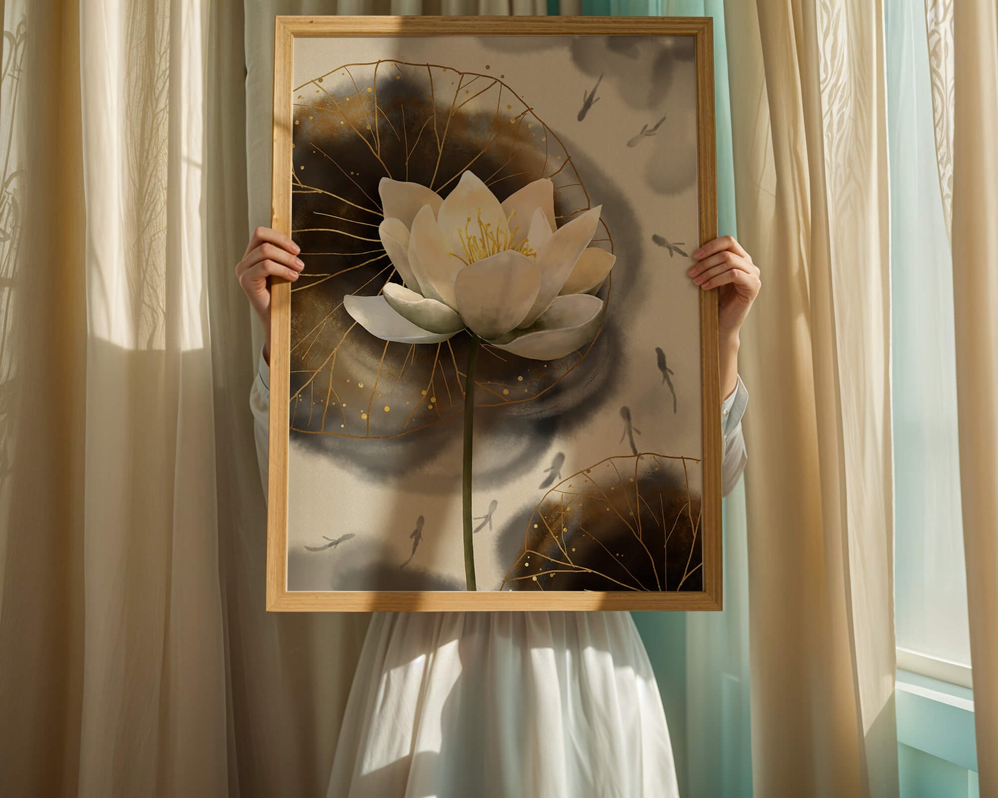 Illustration of a lotus flower with golden accents