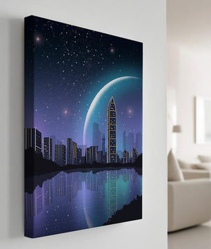 Paisaje urbano futurista bajo un cielo estrellado