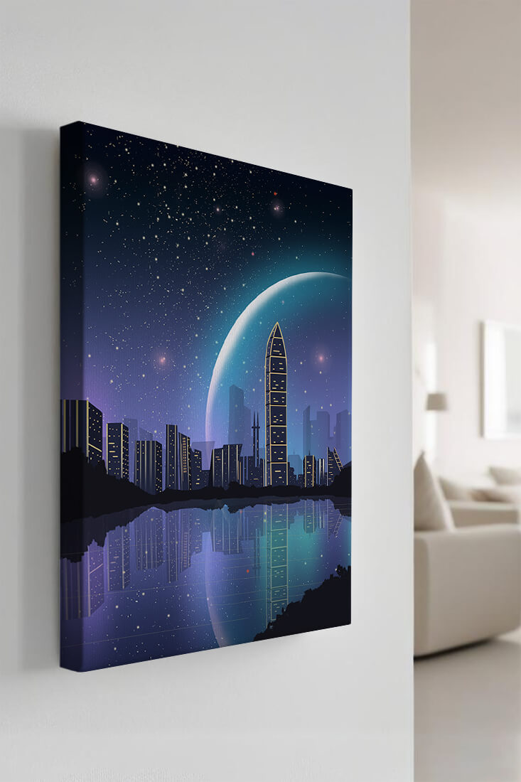 Futuristic cityscape under a starry night sky