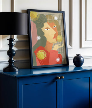 Abstract portrait artwork with geometric forms and gold accents
