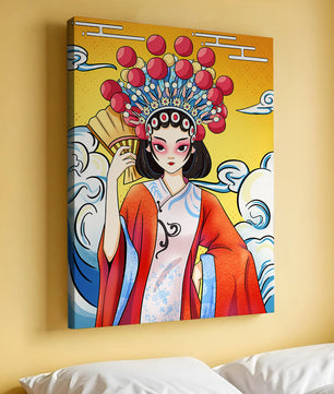 Eine elegante Darstellung asiatischer Kunst mit traditioneller Kleidung und kunstvollem Kopfschmuck
