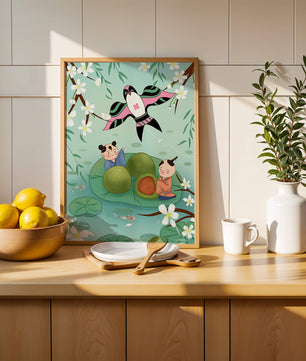 Children Playing on Lotus Leaves with Kite and Cherry Blossoms