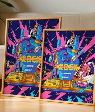 Ilustración temática vibrante de música rock con instrumentos y artistas