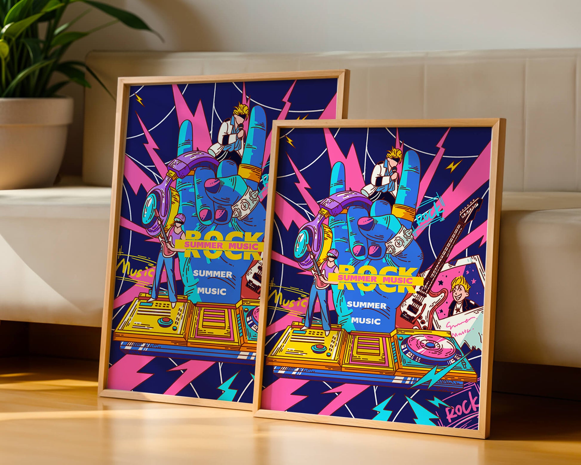 Ilustración temática vibrante de música rock con instrumentos y artistas