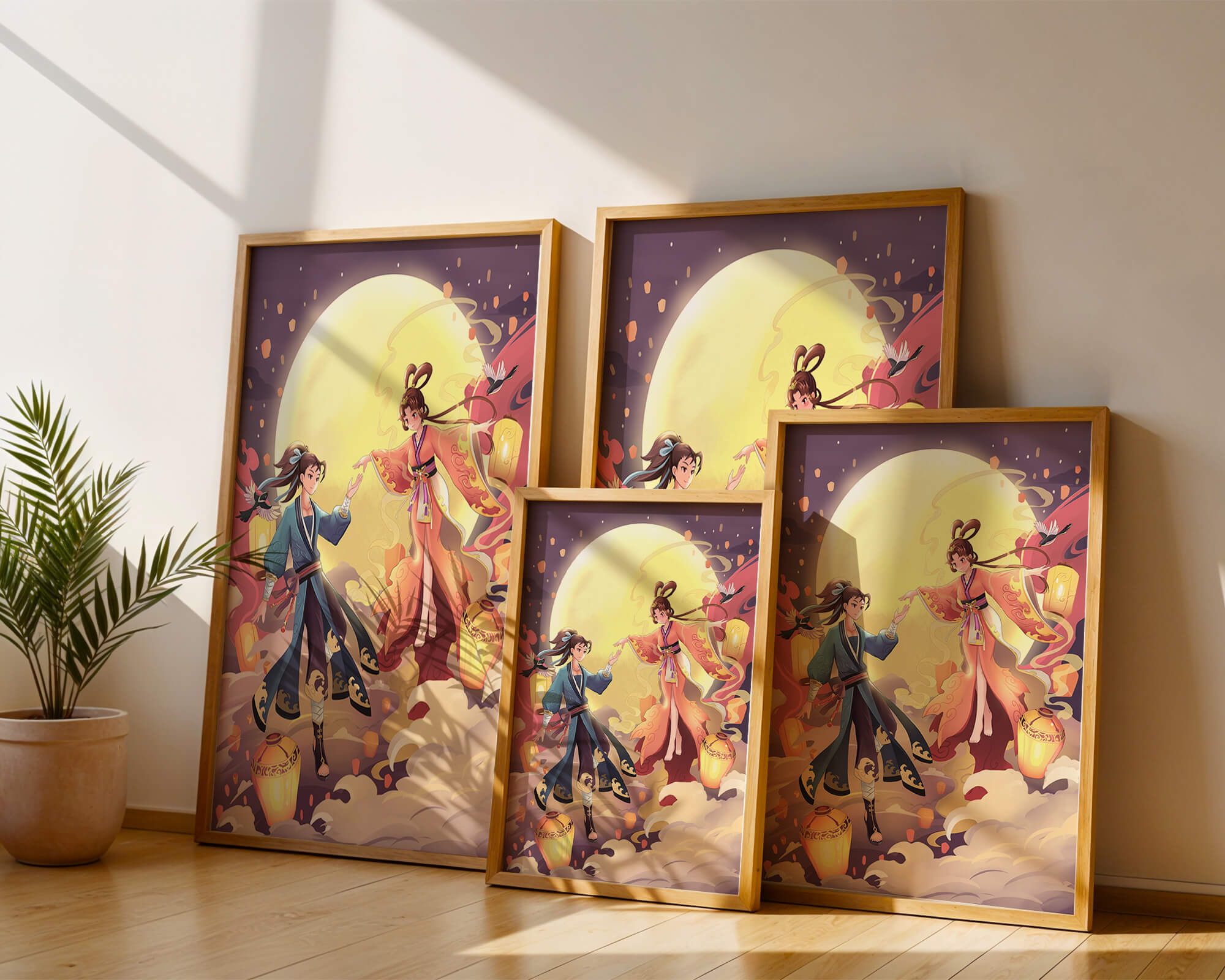 Elegant moonlit fantasy scene with traditional attire