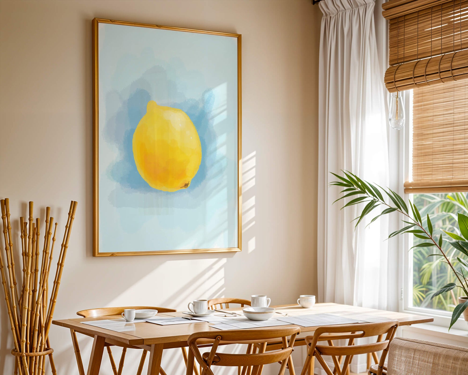 Watercolor artwork of a lemon on a blue background