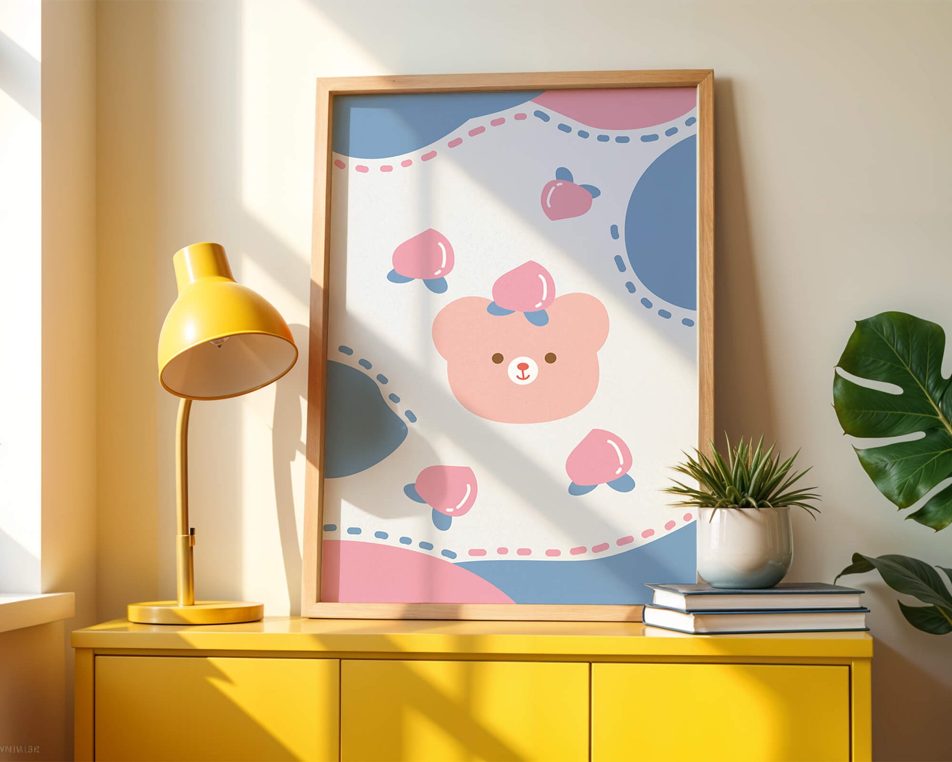 Adorable pastel bear with peaches and dotted background