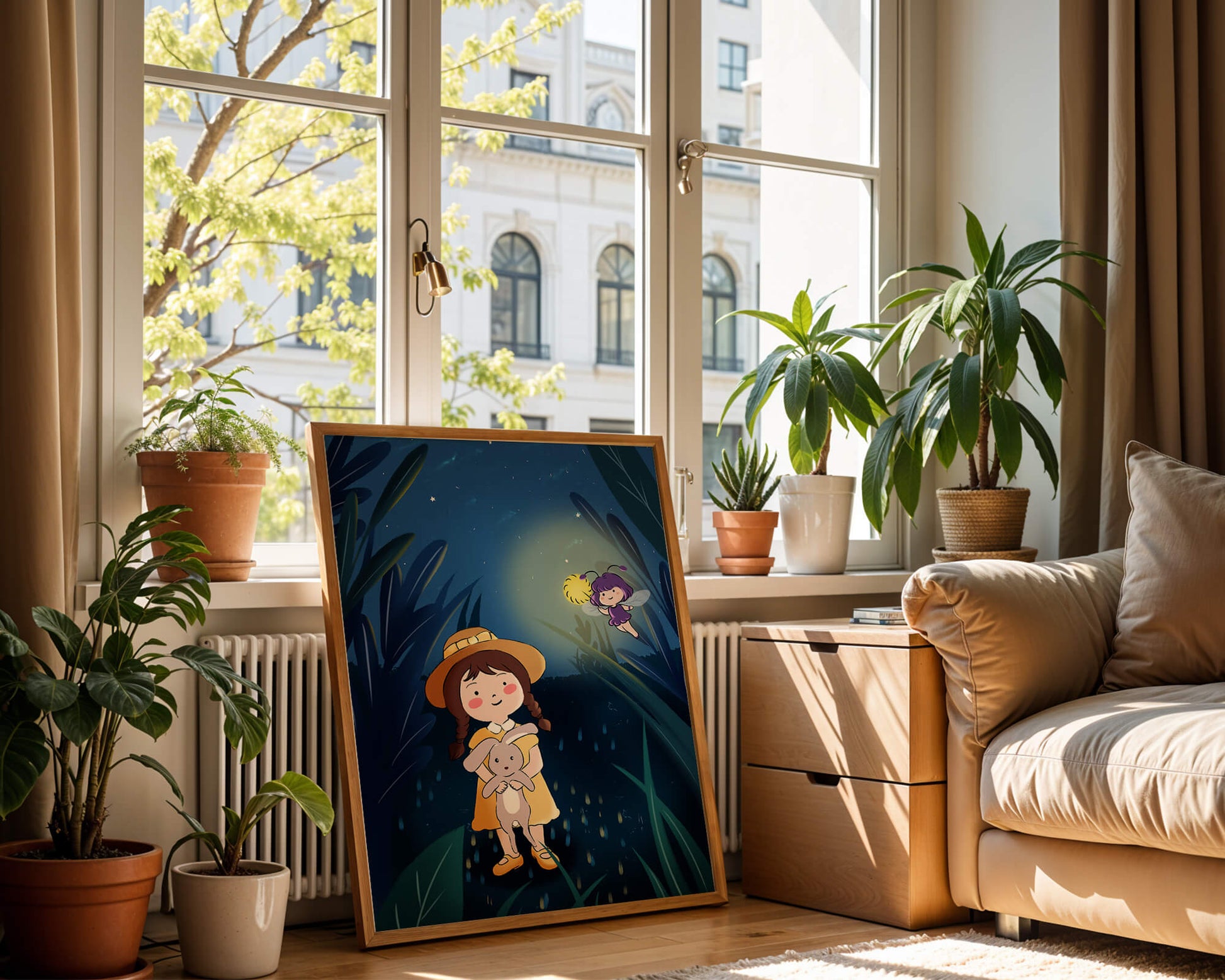 Ilustración de una chica en un bosque con una luciérnaga mágica por la noche