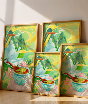 Tea ceremony with teapot and tea bowls amidst nature scenery