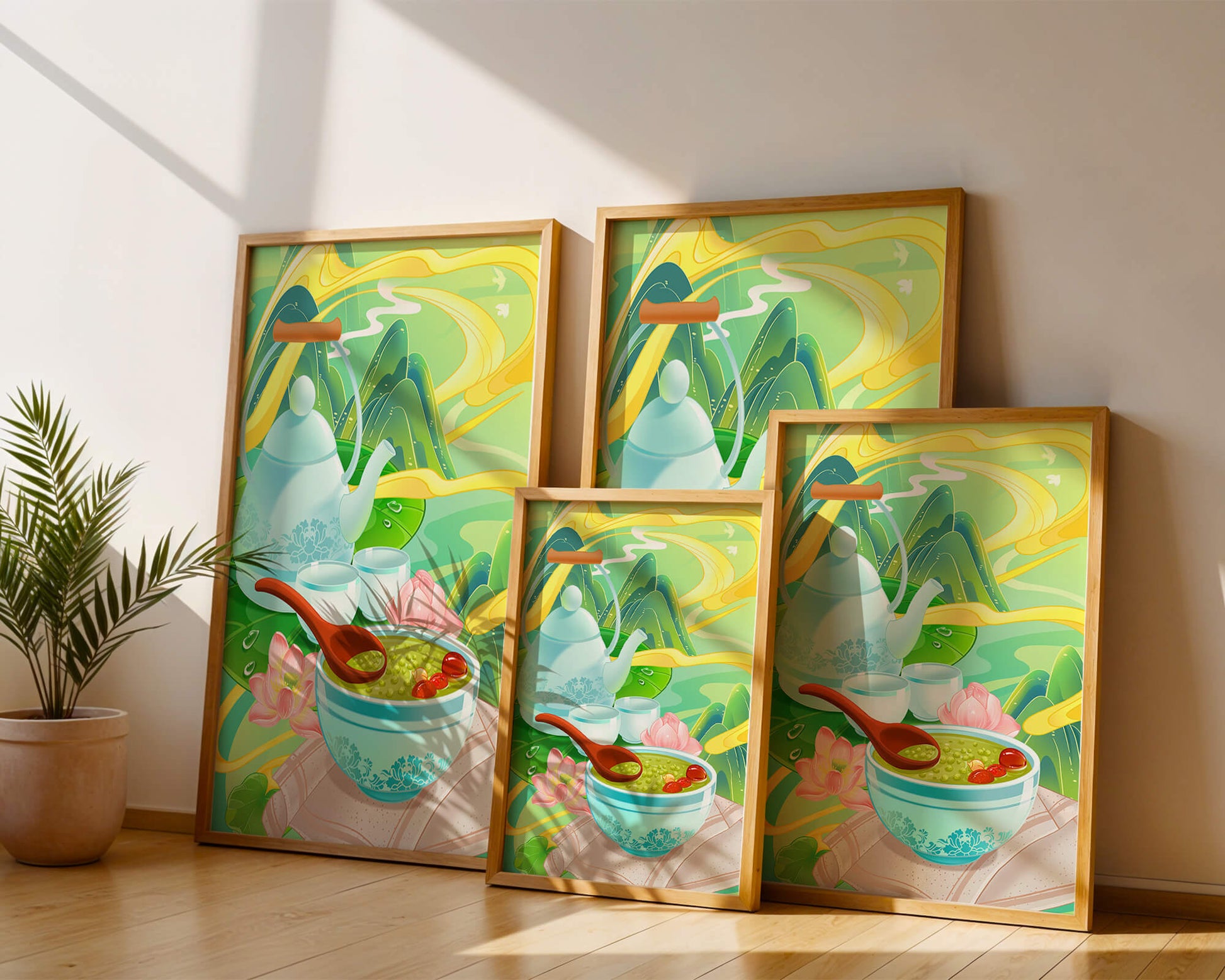 Ceremonia del té con tetera y cuencos de té en medio de un paisaje natural.