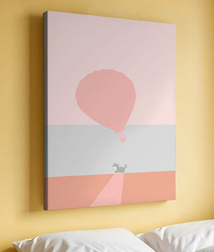 Gato en un paisaje minimalista con globo aerostático