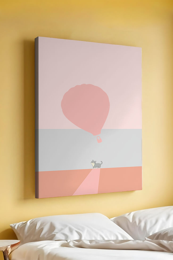 Cat in Minimalist Landscape with Hot Air Balloon
