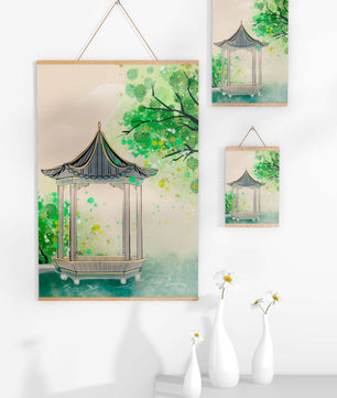 Serene garden pavilion amidst lush green trees and calm waters