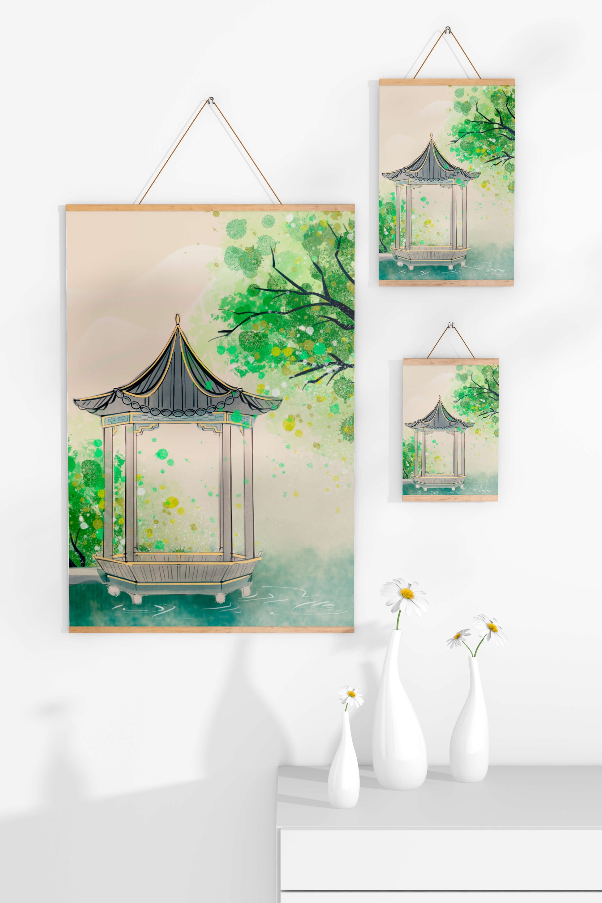 Serene garden pavilion amidst lush green trees and calm waters