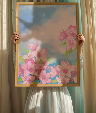 Ilustración de flores rosadas contra un cielo azul vibrante con nubes