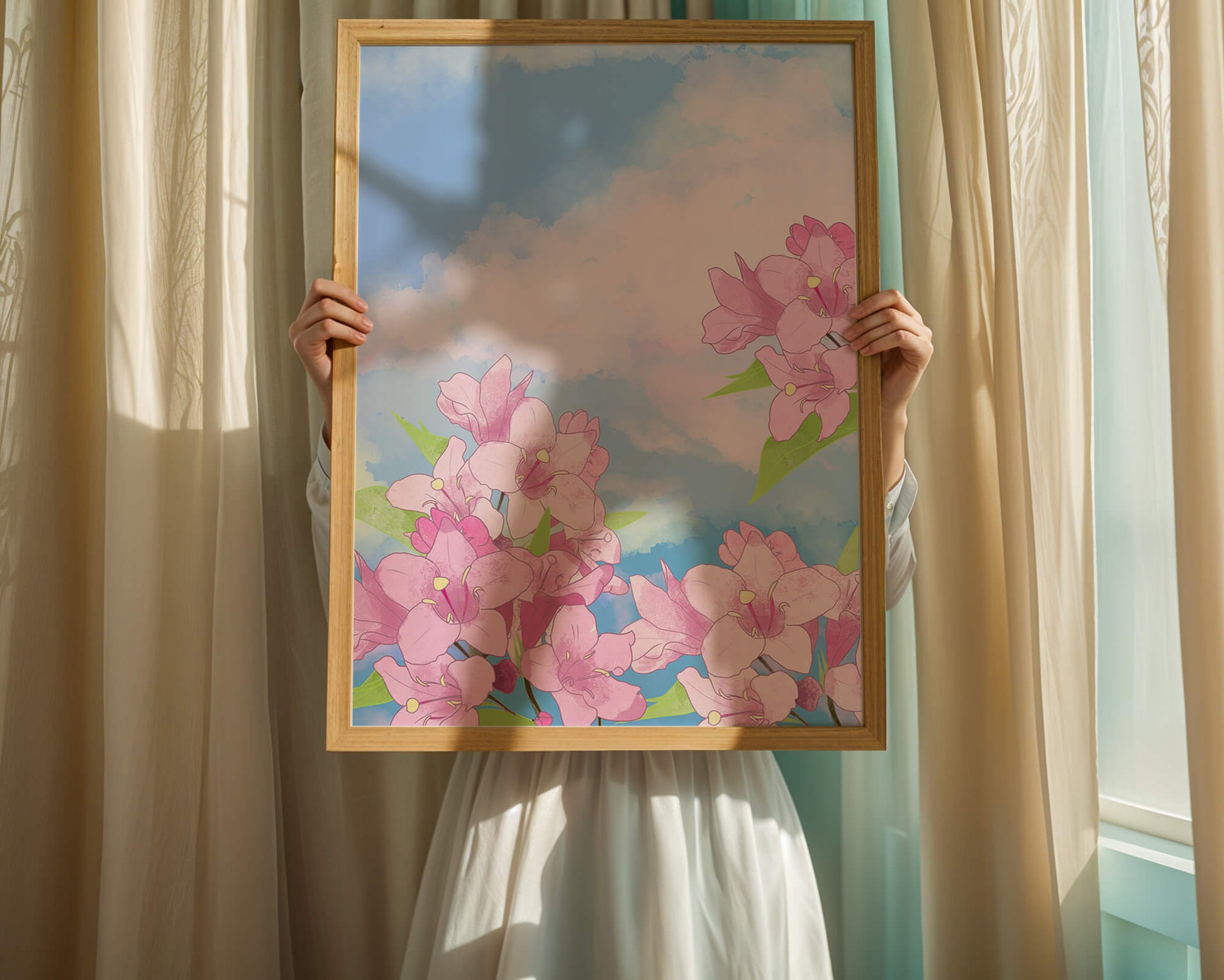 Ilustración de flores rosadas contra un cielo azul vibrante con nubes