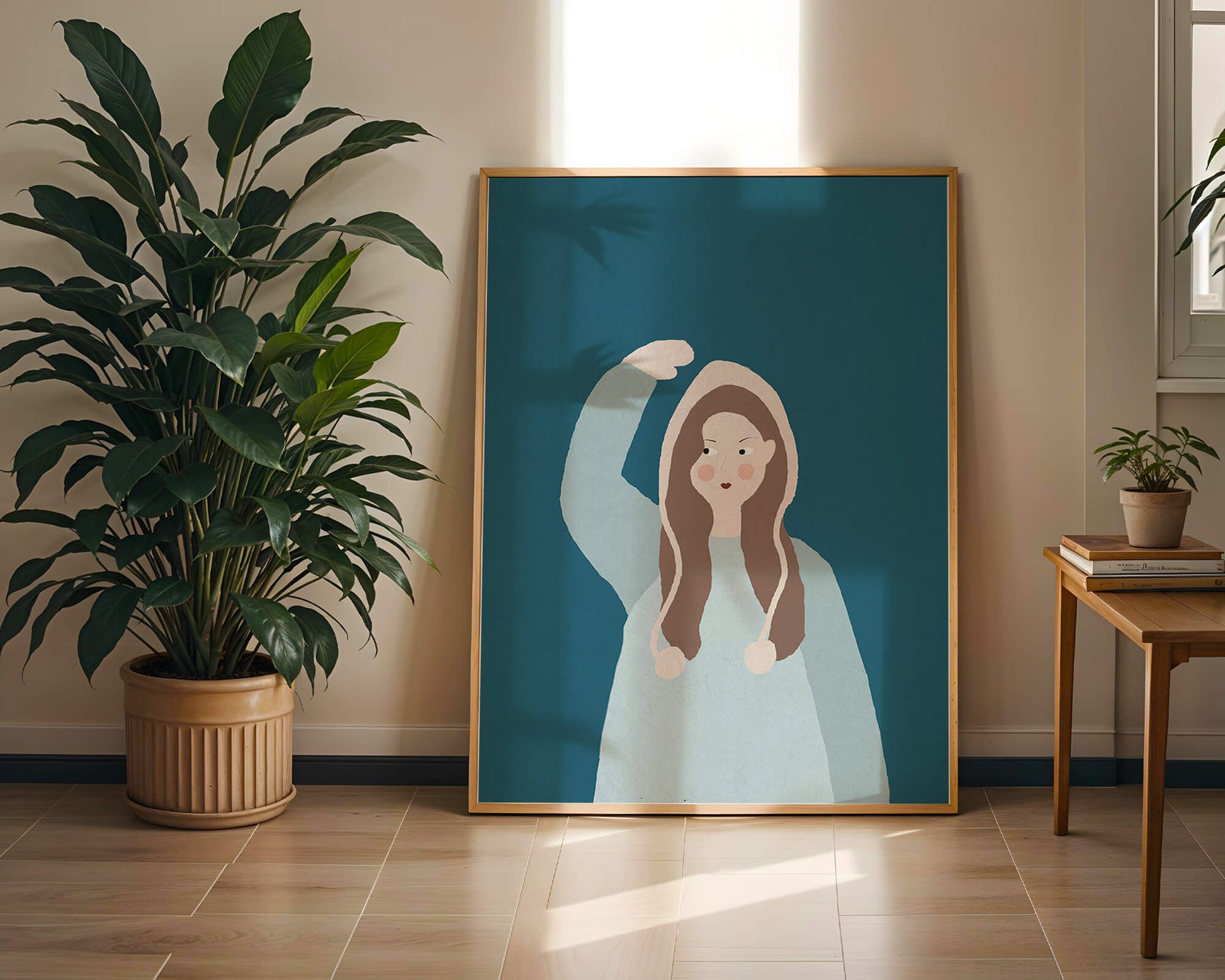 Illustrated girl with hoodie on teal background