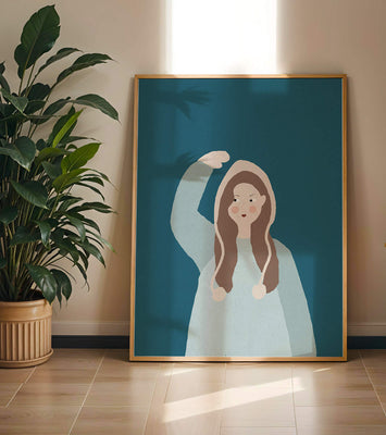 Illustrated girl with hoodie on teal background