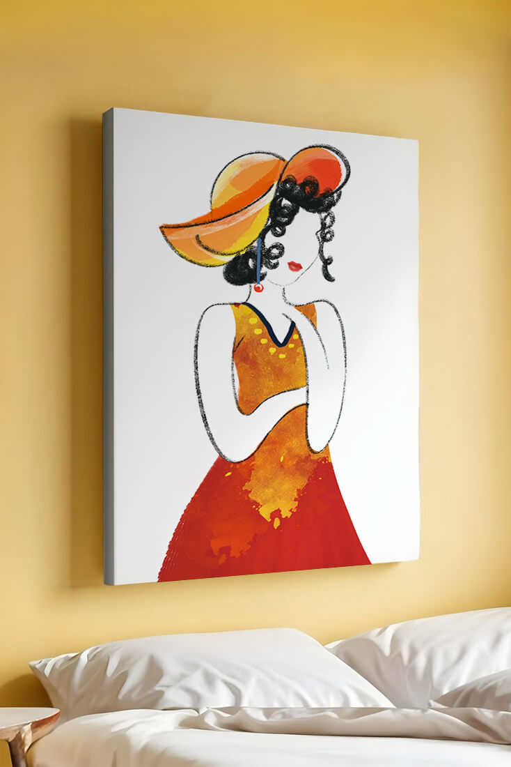 Elegant woman in a vibrant hat and dress illustration