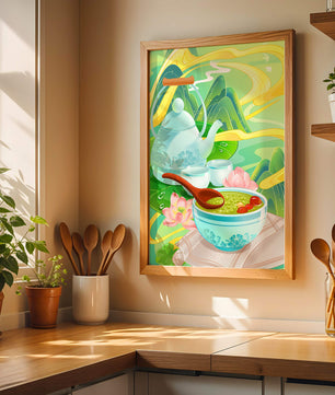 Tea ceremony with teapot and tea bowls amidst nature scenery
